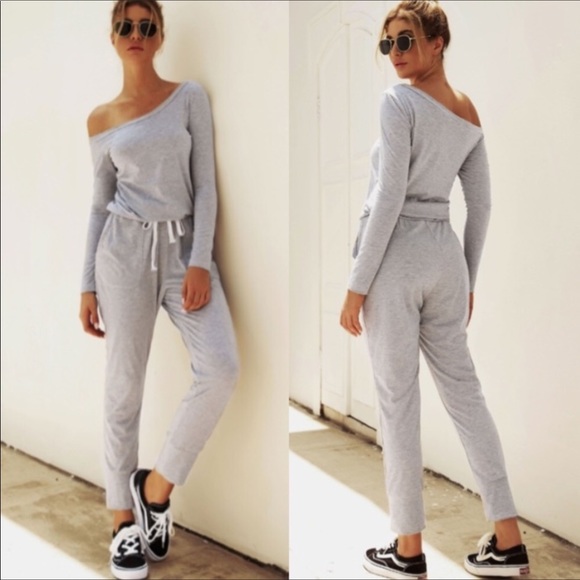 NEW Gray Comfy Off Shoulder Drawstring Jumpsuit - Picture 2 of 3